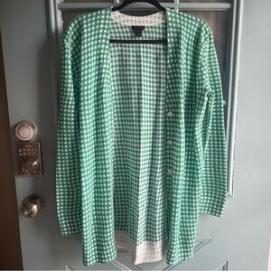 J Crew Gingham Checker Print Long Cardigan Button Up Sweater Green size Medium